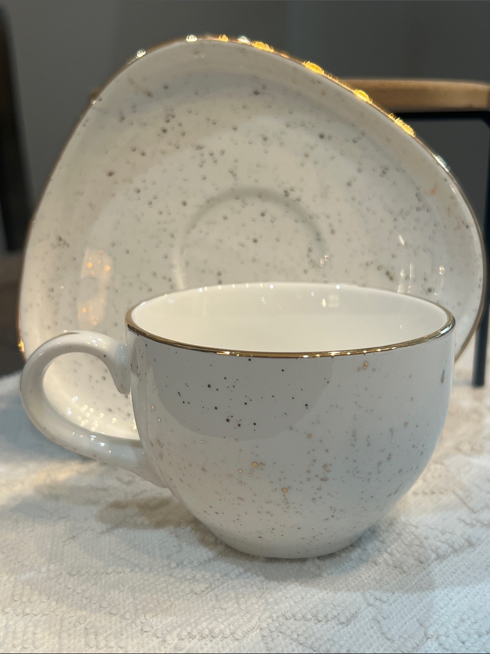 Mimi Premium Collection White Porcelain Speckled Gold Trimmed Cup and Saucer